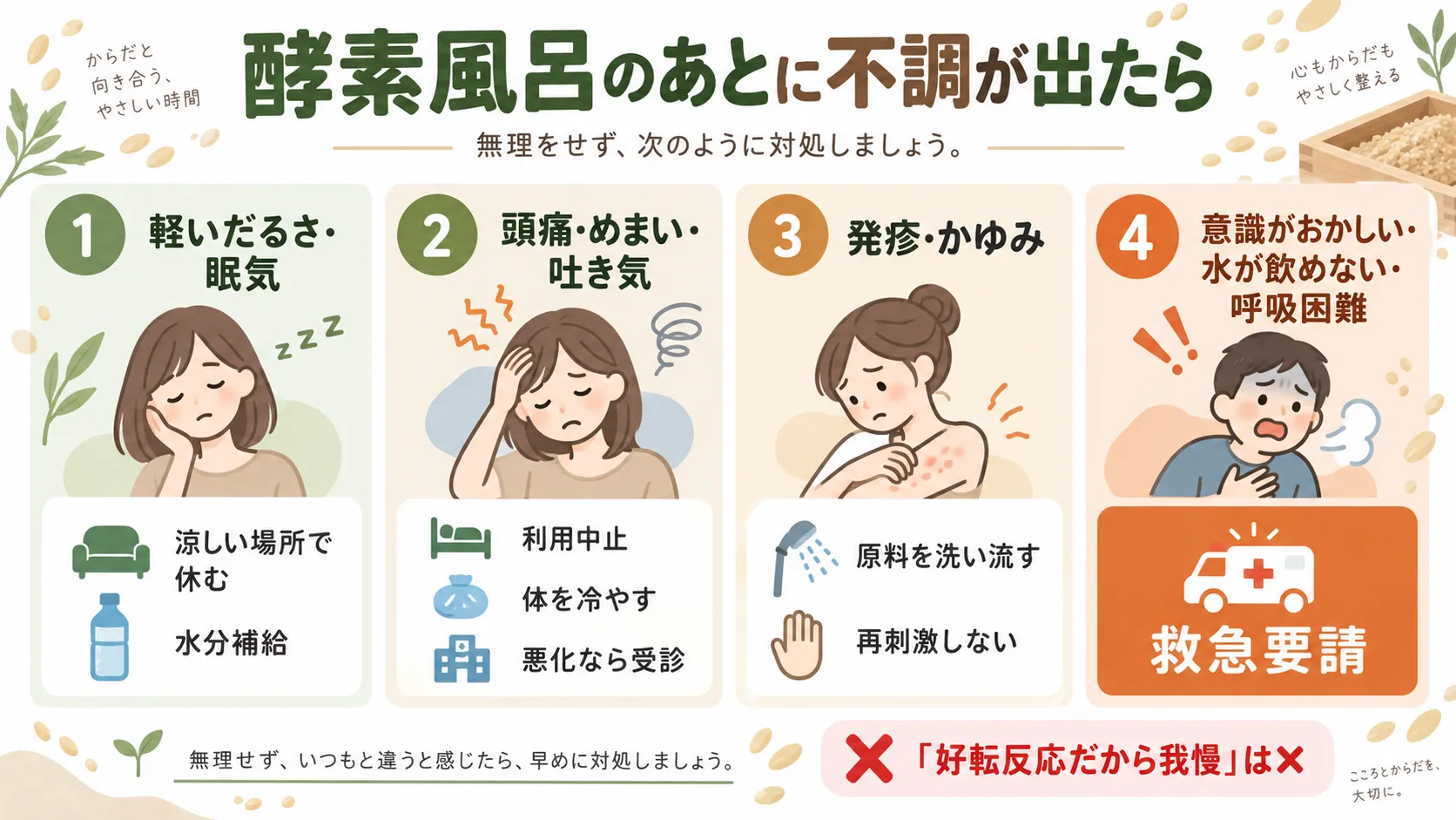 酵素風呂後のだるさ・頭痛・発疹などの症状別対処と受診目安